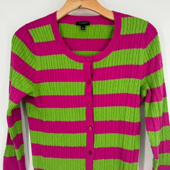 Talbots womens Green Pink Striped Cardigan cable knit sweater Size Small cotton - Picture 5 of 10